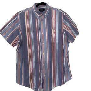 Polo Ralph Lauren Shirt Mens XL Button Up  Short Sleeve Blue Stipe Brown Pony
